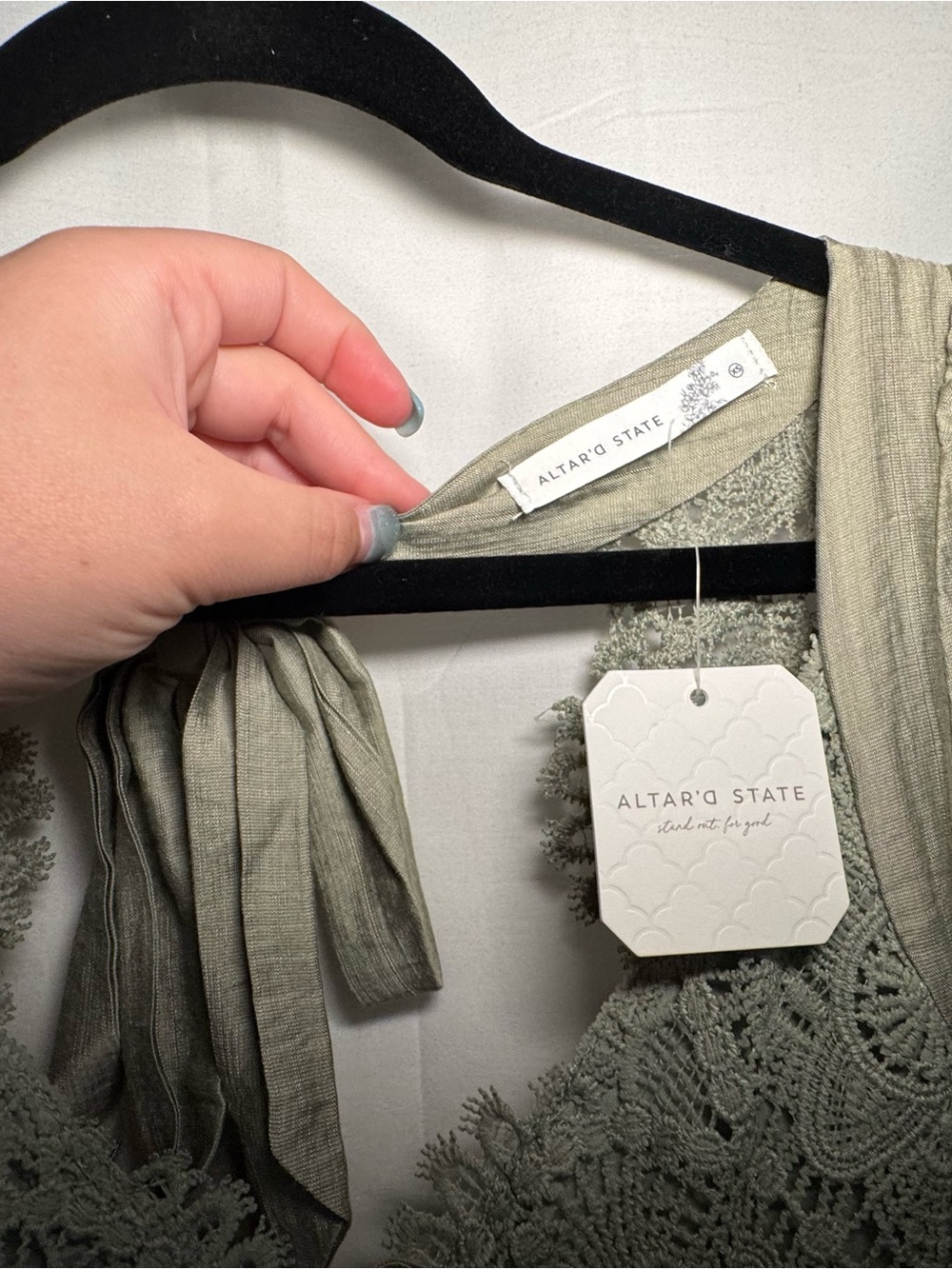 Altar'd State Elara Sage Green Lace Boho Maxi Dress Cottagecore Wedding Guest XS - Picture 4 of 11